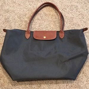 Longchamp Navy Tote with Brown Leather Trim